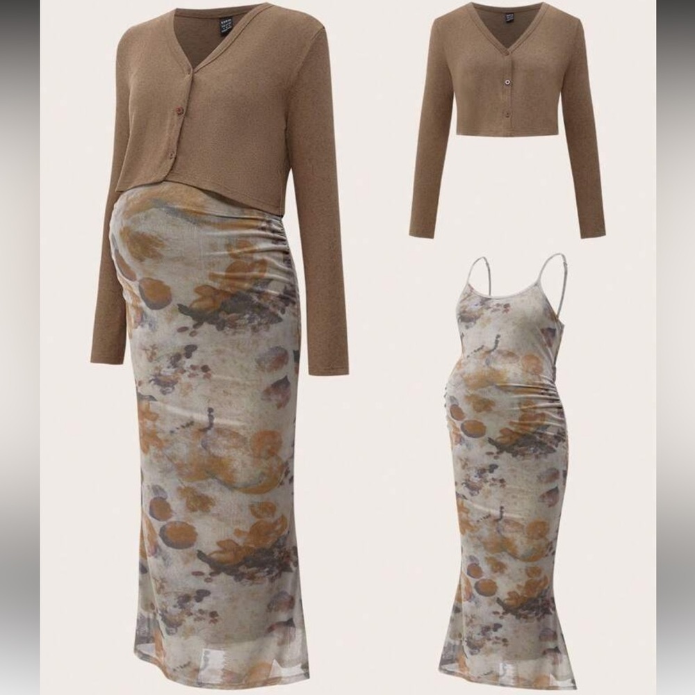 SHEIN Brown Knit Cardigan & Marble Maxi Skirt Set